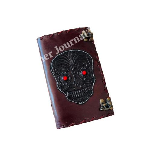 Handmade Gothic Skull Leather Journal with Lock – Red Stone Eyes, Vintage Diary, Halloween Notebook, Dark Art Sketchbook